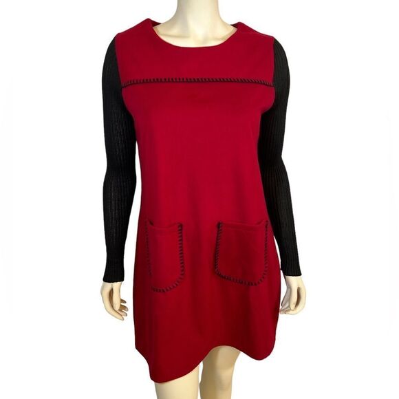 NWT Jinyanzi Soft Red Black Long Sleeve Mini Dress with Pockets Retro Vintage - Picture 1 of 11